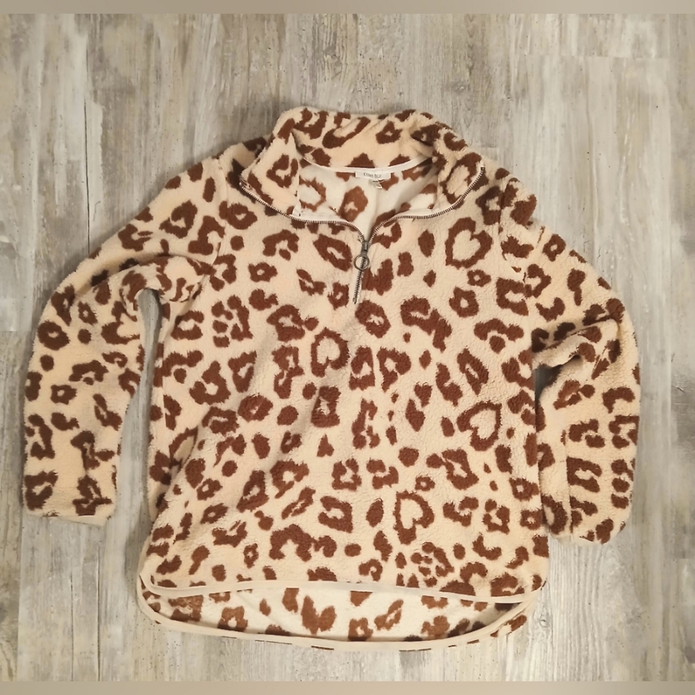 Como Blu Sherpa Half zip sweater Leopard print hearts brown tan XL